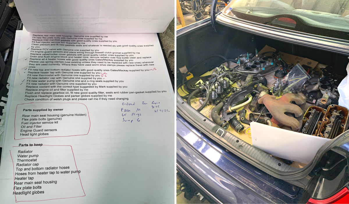 Parts list and engine components in boot of Holden waiting for rebuild